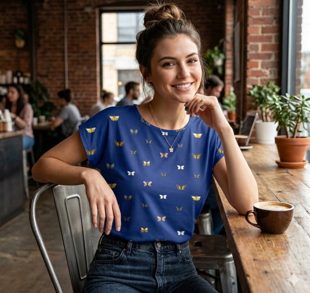 SHEIN Dark Blue Butterfly Print Dolman Short Sleeve Blouse Top size Medium